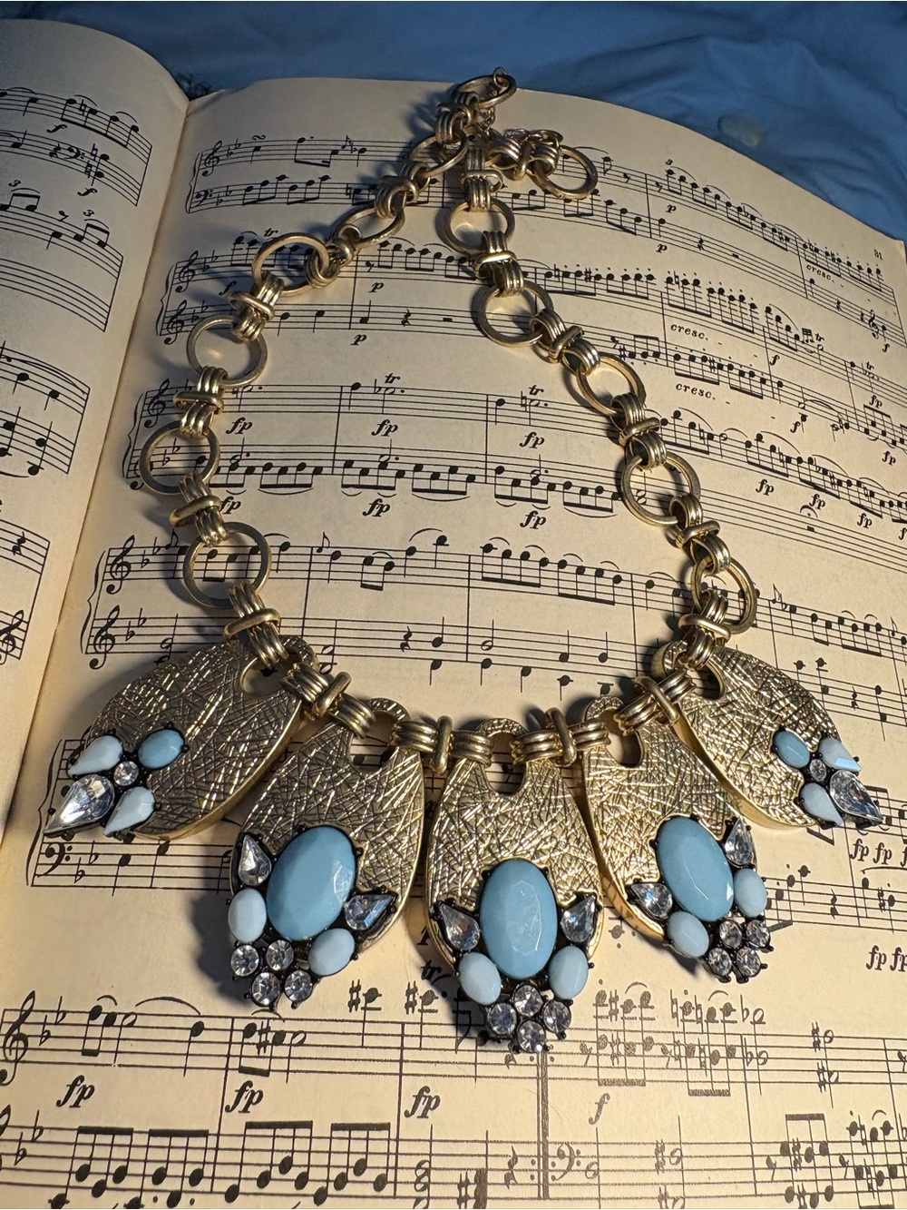 Crazy Art Deco Blue Stone Gold Rhinestone Statement Bib Necklace 21” Adjustable